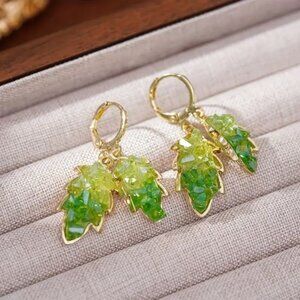 NEW 18K Gold Plated Green Rough Cut Crystal Leaves Huggie Hoop Drop Earrings